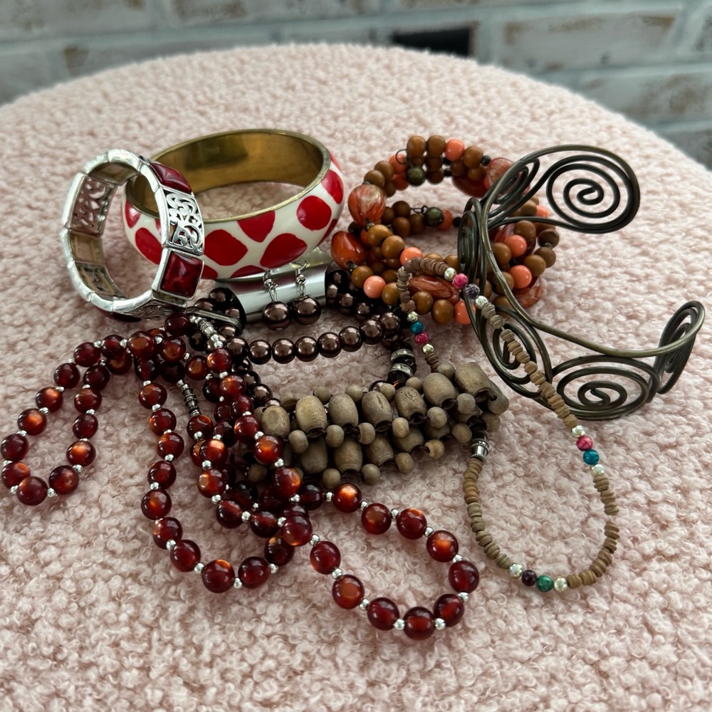Bracelet Lot Set Bundle Beads Silver Tone BoHo Glam Dressy Brown Orange Neutral